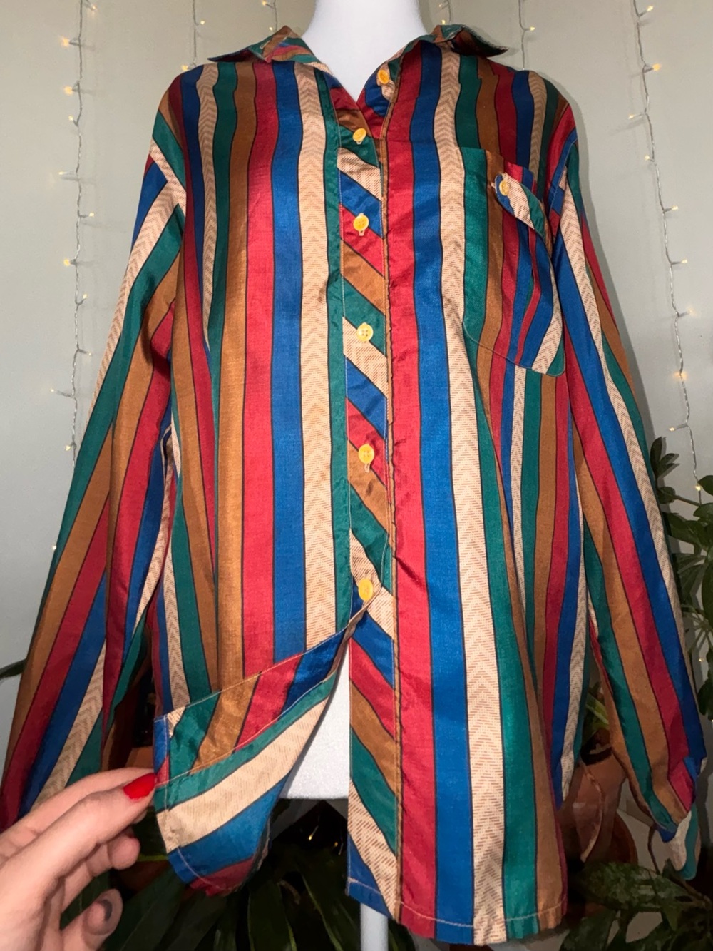 Vintage Jewel Tone Striped Silky Button Down